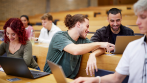 Students at the lecture hall talking